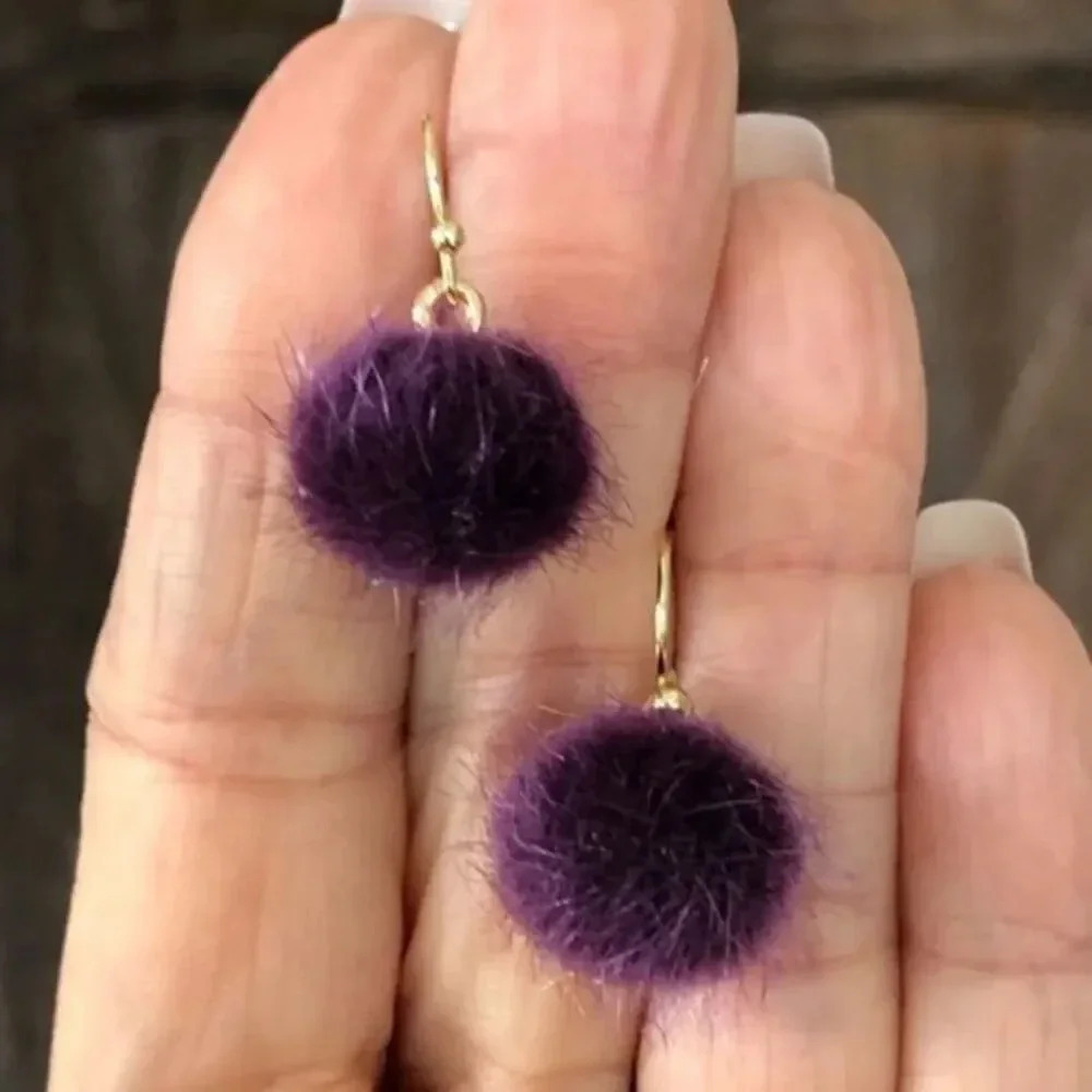 Purple Fuzzy Furry Pom Pom Drop Earrings NWT